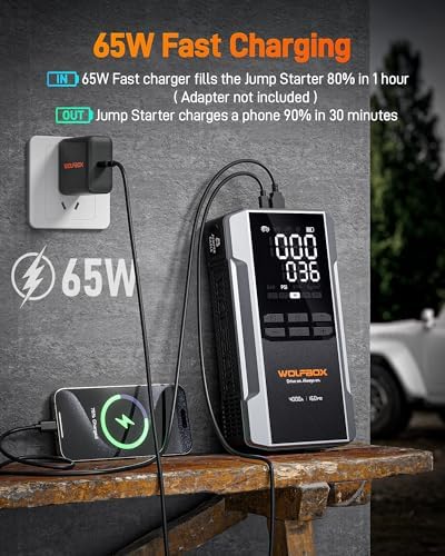 WOLFBOX MV24A 4000A Jump Starter with 160PSI Air Compressor, 12V Car Battery Booster, 88.8Wh Portable Jump Box (10L Gas/10L Diesel) with 65W Fast Charging, Tire Inflator, Jumper Cables, LED Light