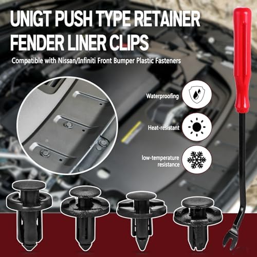 UNIGT Push Type Retainer Fender Liner Clips Compatible with Nissan/Infiniti Front Bumper Plastic Fasteners Replace 01553-05323, 01553-09321, 01553-09241, 11296-AG000 Radiator Rivets - 121pcs with Tool