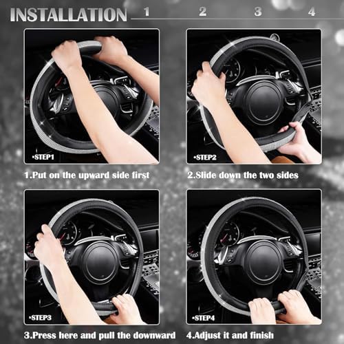 CAR PASS Bling Diamond Leather Steering Wheel Cover, with Bling Sparkly Crystal Glitter Rhinestones Universal Fit 14.5in-15in Car Wheel Protector for Women Girl Fit Suvs,Vans,Sedans,Car,Trucks, Silver