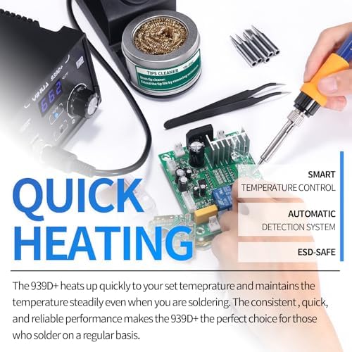 YIHUA 939D+ Digital Soldering Station, 75W Equivalent with Precision Heat Control (392°F to 896°F) and Built-in Transformer. ESD Safe, Lead Free with °C/°F display (Black)