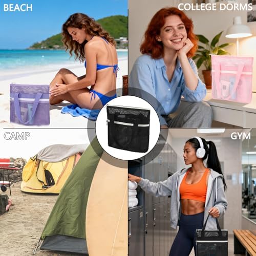 GYEUKHAM Mesh Shower Bag with 2 Zipper Pockets & Dual Handles, Quick-Drying Hanging Shower Caddy for College Essentials,Sunscreen,Dorm, Gym, Travel & Camping, Black