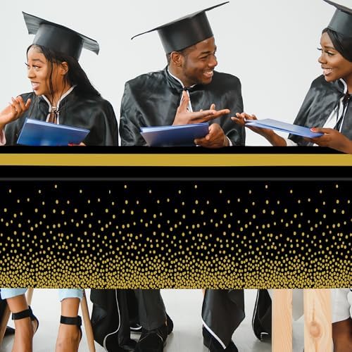 4Pack Black and Gold Tablecloths for Events, 54" x 108" Plastic Table Cloth Disposable for Rectangle Tables, Waterproof Table Cloth Cover for New Years Eve Decorations Holiday Birthday Wedding Dining