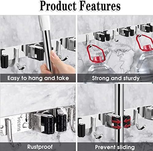 AceMining Broom Holder Wall Mount, 5 Racks 4 Hooks Heavy Duty Mop Organizer