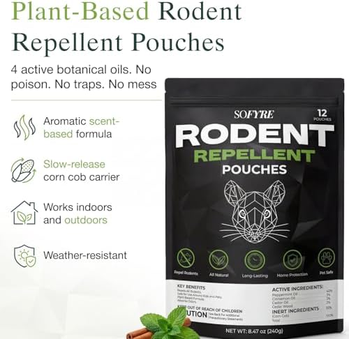 SoFyre Rodent Repellent Pouches 12-Pack Mouse Repellent for Home RV Garage Car Basement, Mice Indoor & Outdoor Deterrent, Peppermint Cinnamon Cedarwood Rat Repellent, Plant-Based Natural Pest Control