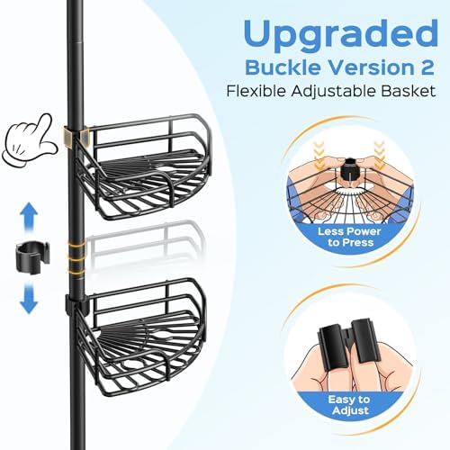 HAMITOR Corner Shower Caddy Tension Pole, Adjustable No-Drill Widen Shelves