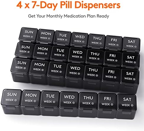 Lifewit Monthly Pill Organizer Once a Day, 28 Day Pill Box, Black, 28 Grids