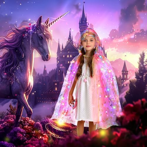 Fedio Princess Dress up for Girls,Unicorn Light up Princess Cape Set,Light up Princess Dress with Unicorn Toys for Girls 3-8