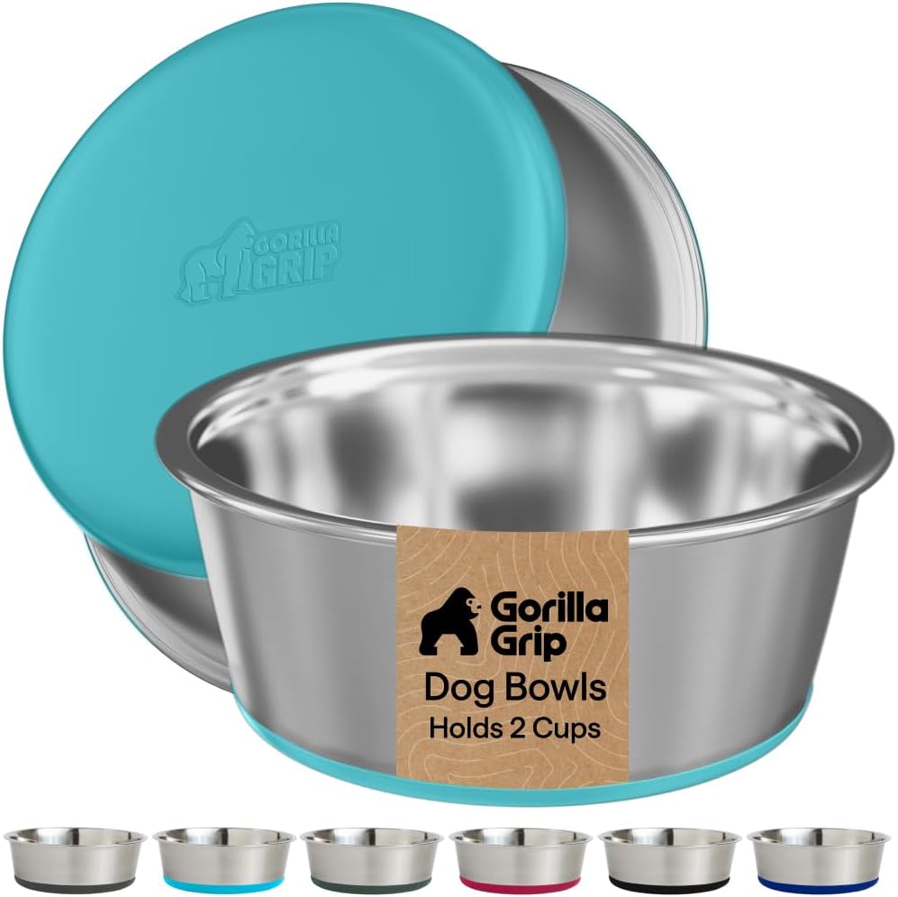 GORILLA GRIP Dog Bowls, Food Grade Stainless Steel, Set of 2, 2 Cup, Black | 304 Stainless Steel Pet Feeding Bowls Hold 16 fl oz Each, Dishwasher Safe, Rust Resistant, BPA Free Rubber Base