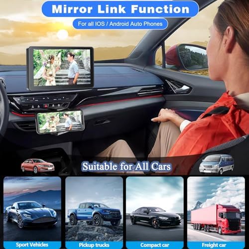 Portable Wireless with Apple CarPlay and Android Auto Screen for Car, 7" HD Touch Screen Car Stereo with Mirror Link, Bluetooth 5.2, Backup Camera, AUX,FM Transmitter for All Vehicle