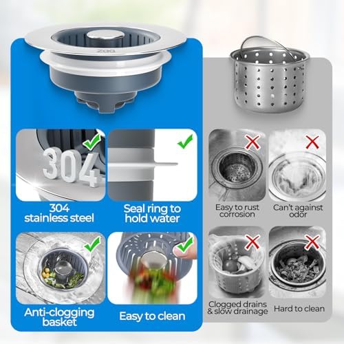 zaa 3 in 1 Kitchen Sink Drain Strainer Stopper Removable Basket Pop-Up