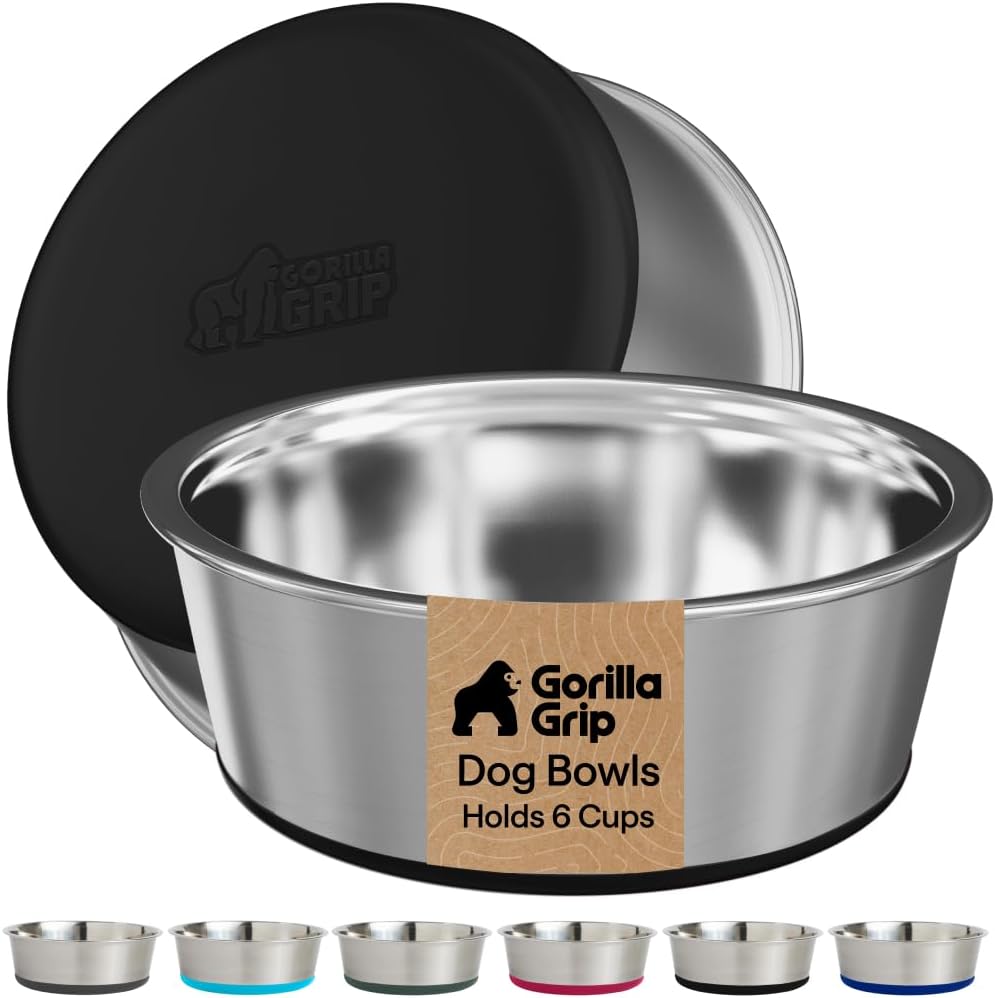 GORILLA GRIP Dog Bowls, Food Grade Stainless Steel, Set of 2, 2 Cup, Black | 304 Stainless Steel Pet Feeding Bowls Hold 16 fl oz Each, Dishwasher Safe, Rust Resistant, BPA Free Rubber Base