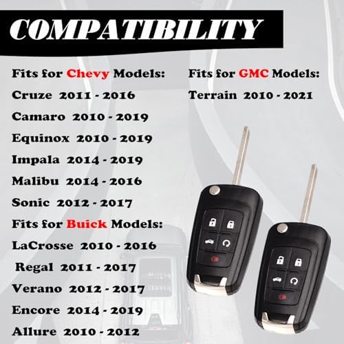 MechanMagic Flip Key Fob Replacement Fits for Chevy Equinox Camaro 2010-2019 Cruze Malibu Impala Sonic GMC Terrain Buick Lacrosse Regal Verano Encore Keyless Entry Remote Control 2 Sets
