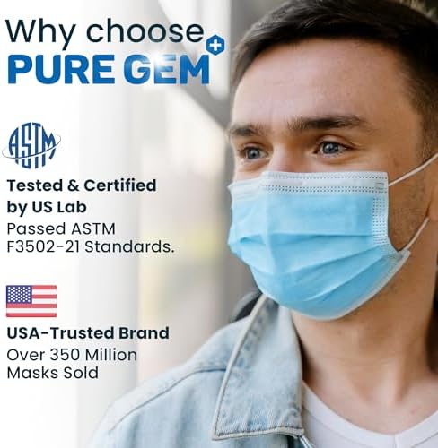 PURE GEM 150-Pack Blue Disposable Face Masks, 3-Ply, Nose Clip and Earloops