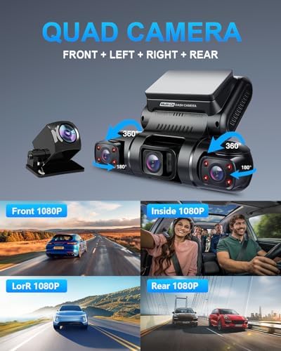 PRUVEEO 360° 4 Channel Dash Cam Front and Rear Inside Left Right, Dash Camera for Cars, Built-in GPS WiFi Night Vision, 24/7 Recording Parking Mode Monitor, 128G Card Included