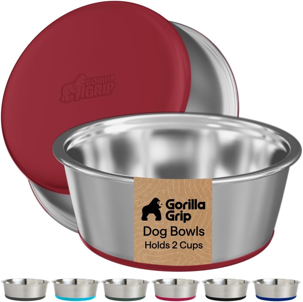 GORILLA GRIP Dog Bowls, Food Grade Stainless Steel, Set of 2, 2 Cup, Black | 304 Stainless Steel Pet Feeding Bowls Hold 16 fl oz Each, Dishwasher Safe, Rust Resistant, BPA Free Rubber Base