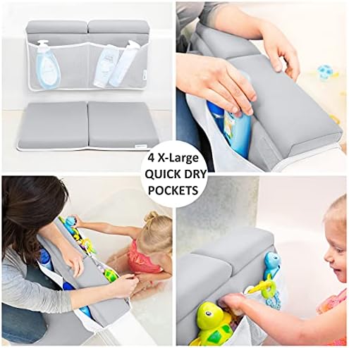 Bath Kneeler and Elbow Rest Pad, 1.75 inch Extra Thick Baby Bath Kneeling Mat and Elbow Pads for Bathtub. Bath Tub Cushions with Infant Toy and Baby Accessories Organizer, Grey
