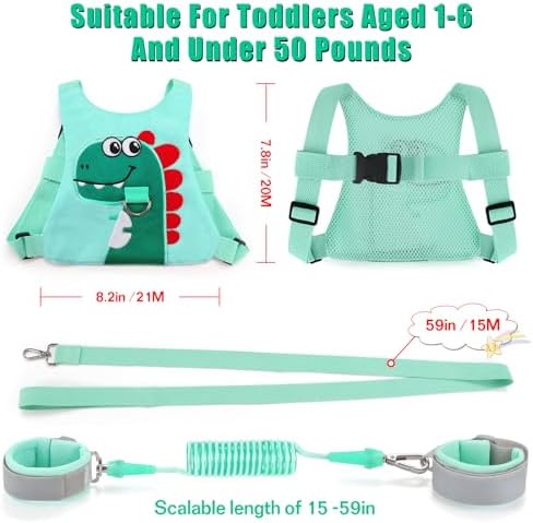 Toddler Leash-Baby Walking Safty Harness and Child Anti Lost Wrist Link for Girls/Boys Travel (Green)