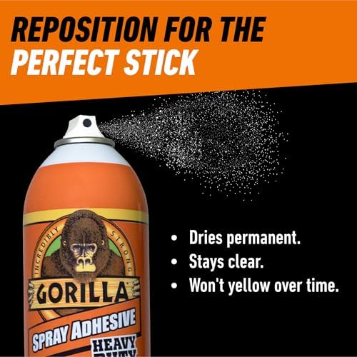 Gorilla Heavy Duty Spray Adhesive, Multi Purpose & Repositionable, Clear, 14 oz (Pack of 1) Bonds Paper, Cardboard, Foam, Fabric, Photo Safe, Non-Yellowing, Indoor & Outdoor