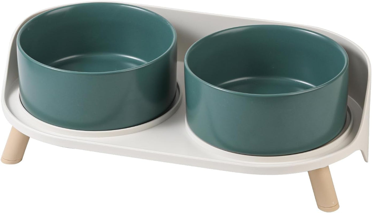 Elevated Ceramic Dog Bowl Set - Double Dog Feeding Bowls with Stand Splash Proof - Raised Dishes for Food and Water - Ideal for Small to Medium Dogs - 2 x 720 ml - 11.3 oz - White