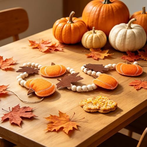 6.8 FT Fall Pumpkin Garland with Maple Leaves and Wood Beads, Autumn Decor