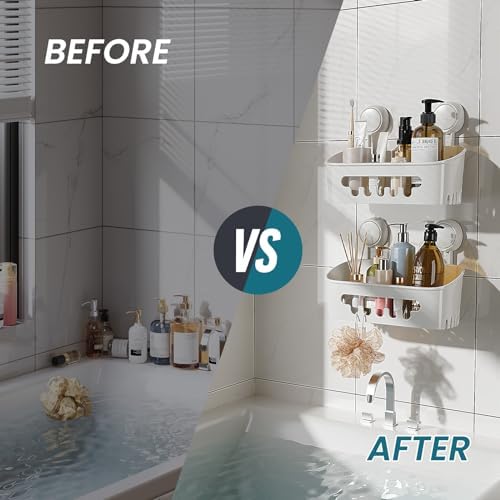 TAILI Shower Caddy Suction Cup 2 Pack, Heavy Duty Bathroom Organizer, Removable Shelves for Inside Shower, Shampoo, Waterproof Suction Plastic Storage for Bathroom Accessories Holder, White