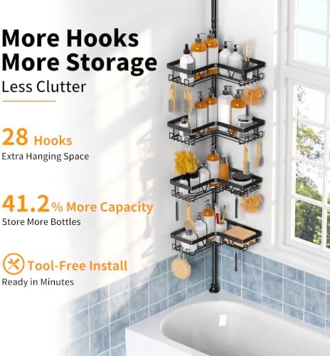 KEGII Corner Shower Caddy Tension Pole, Large Capacity Bathroom Organizer