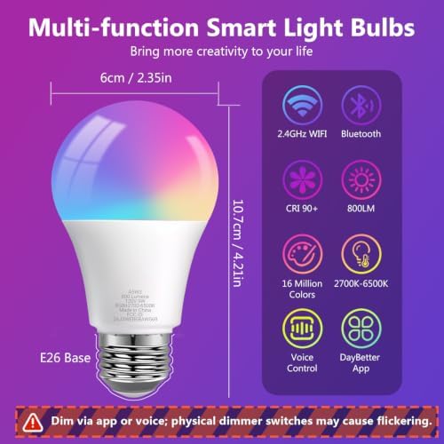 DAYBETTER A19 E26 Smart Light Bulbs,Compatible with Alexa & Google Home