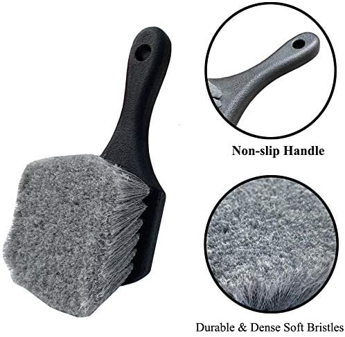 Wheel & Tire Brush for Car Rim, Soft Bristle Car Wash Brush, Cleans Tires & Releases Dirt and Road Grime, Short Handle for Easy Scrubbing Black