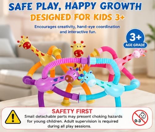 XONTEUS 4 Pcs Pop Tubes Giraffe Travel Airplane Road Trip Car Activities Essential,Telescopic Suction Cup Sensory Toys,Screen-Free Activity for Toddler,Stocking Stuffers for Kids