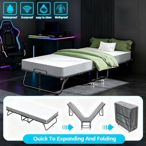 Pataku Folding Bed with Mattress, Twin Foldable Bed, Roll Away Beds for Adults, 75" x 31" Roll Away Portable Beds with 5" Mattress, Folded Frame for Small Apartment, Guest Room
