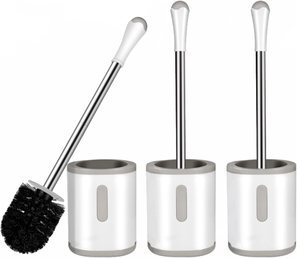 AONEZ Compact Toilet Brush & Holder, Stainless Steel Handle, Space Saving for Storage, Deep Cleaning, Drip-Proof, Easy to Assemble, Nylon Bristles, White & Grey