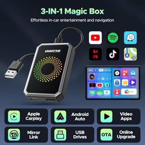 LAMTTO Wireless Carplay Adapter for Streaming Net-Flix/YouTube/TikTok