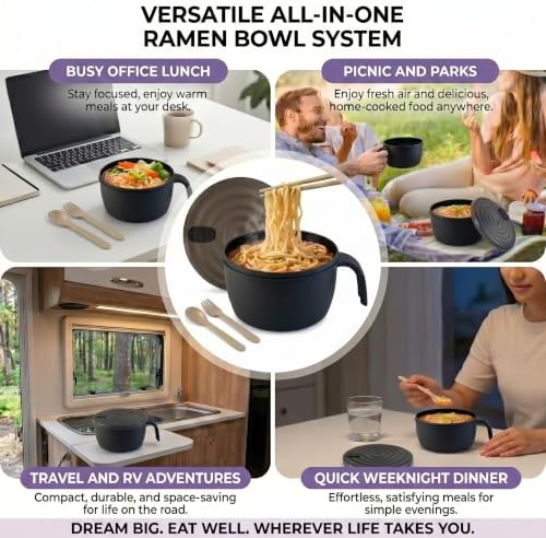 Large Ramen Bowl,Microwave Ramen Cooker,Microwave Pasta Cooker 48oz,College Dorm Room Essentials for Girls for Boys, Apartment Essentials, BPA-Free. (black)