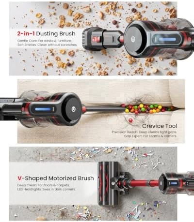 CHEBIO Lightweight Cordless Vacuum Cleaners for Home, Stick Vacuum Cordless Rechargeable with 45kPa Suction,45-Min Run,Anti-Tangle and Self-Stand, 6 in 1 Hardwood Vacuum Cleaner (red)