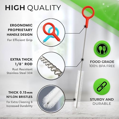 Buenalife Heavy Duty Cleaning Brushes Set of 4 - Extra Long Straw Cleaners for Metal and Plastic Reusable Drinking Straws, to Clean Small Spaces, Sippy Cups, Water Bottles - Sturdy Hard Brush Bristles
