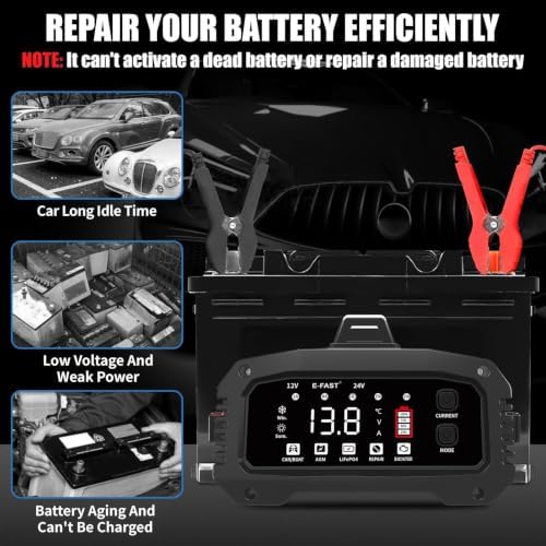 E-FAST 25A Smart Car Battery Charger, 12V/24V Automatic Automotive Battery Maintainer & Desulfator with 200s Booster Mode - Adjustable Amp Trickle Charger for Lead-Acid, AGM, Gel, LiFePO4