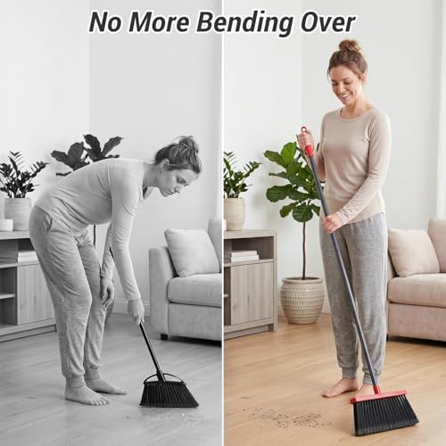 Broom with Dustpan Set for Pet Hair & Dust Cleanup, Red & Gray