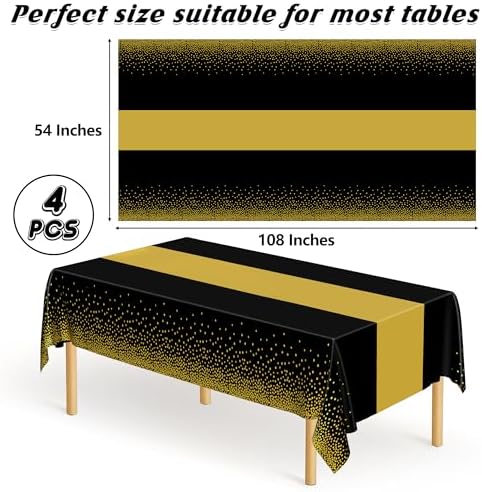 4Pack Black and Gold Tablecloths for Events, 54" x 108" Plastic Table Cloth Disposable for Rectangle Tables, Waterproof Table Cloth Cover for New Years Eve Decorations Holiday Birthday Wedding Dining