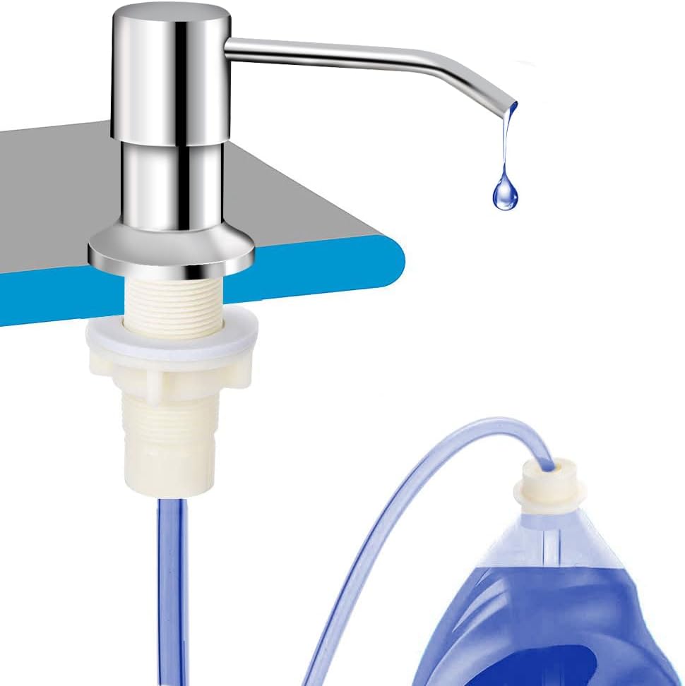 OHiHi Dish Soap Dispenser for Kitchen Sink (Brushed Nickel), Countertop Sink Soap Dispenser Water Pump with 47” No-Spill Extension Tube Kit Design for Kitchen Bathroom, No More Refills （Sliver）