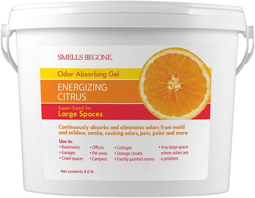 SMELLS BEGONE 1-Gallon Gel Odor Eliminator – High-Capacity, Long-Lasting Absorber for Large Basements, Garages, Workshops & Commercial Areas – Remove Tough Odor with Essential Oils (Energizing Citrus)