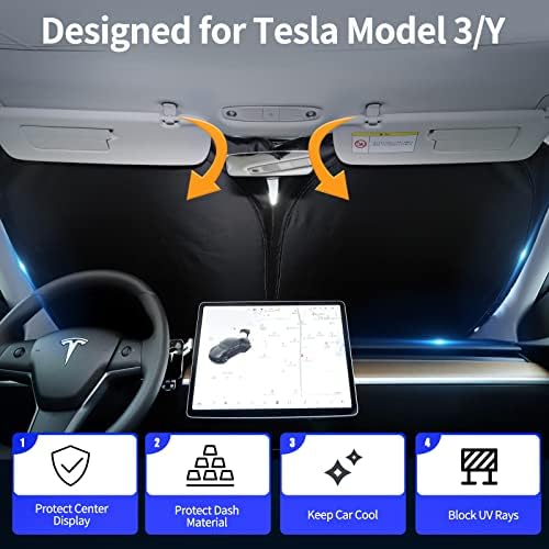 Upgraded Sunshade, Improved UV Protection Fabric, Foldable Front Sun Shade, Custom Accessories for Tesla Model 3/Y/Y Juniper 2016 to 2026