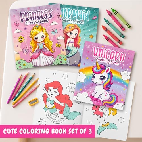 ZICOTO Fun Coloring Books for Kids Set of 3 - Princess, Unicorn & Mermaid