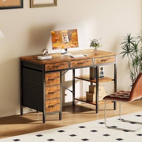 Sweetcrispy 47" Computer Desk with 6 Fabric Drawers & Storage Shelves