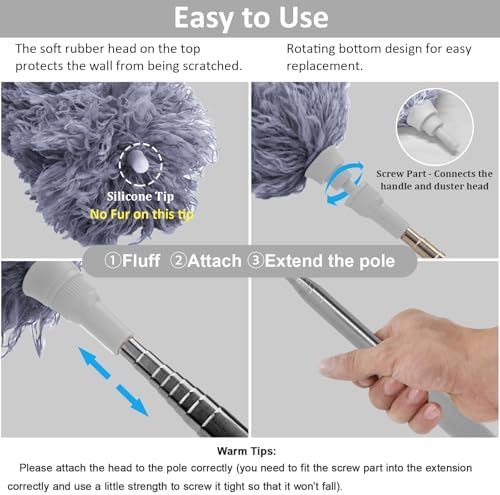 DELUX Microfiber Feather Duster Extendable Duster with 100 inches Extra Long Pole, Bendable Head & Long Handle Dusters for Cleaning Ceiling Fan, High Ceiling, Blinds, Furniture & Cars Gray