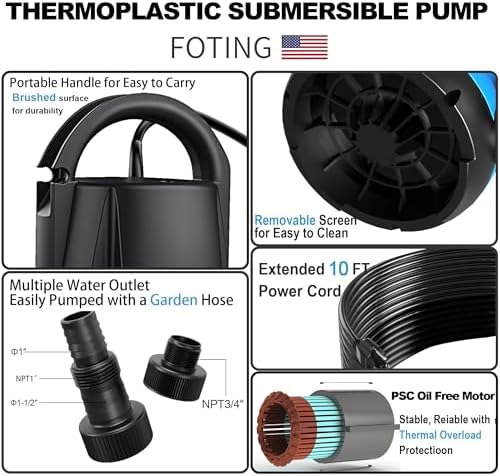 FOTING 1HP Sump Pump 4600GPH Clean/Dirty Submersible Water Pump