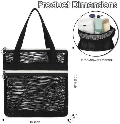 GYEUKHAM Mesh Shower Bag with 2 Zipper Pockets & Dual Handles, Quick-Drying Hanging Shower Caddy for College Essentials,Sunscreen,Dorm, Gym, Travel & Camping, Black