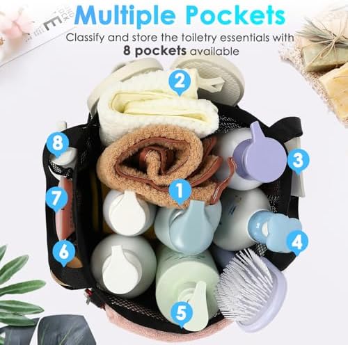 Fammart Mesh Shower Caddy Portable for College Dorm Room Essentials, Odorless Polyester Large Shower Tote Bag with Dual Handles, 8-Pocket Quick-Dry Toiletry Organizer for Travel, Beach, Camping, Gym