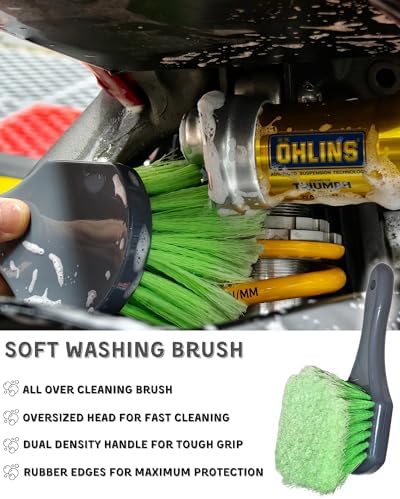 oesee 8 Pack Motorcycle Cleaning Kit - Professional Safe for Chrome/Engine/Tires, Hard Reach Brush, Microfiber Mitt, Detailing Tools, Drying Towel & Wax Applicators