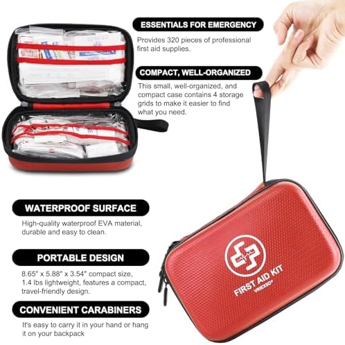 VRIEXSD Premium 320-Piece First Aid Kit, Waterproof EVA Hard Shell Case,Red