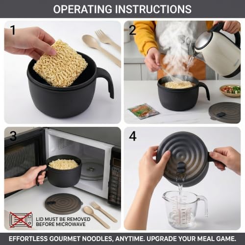 Large Ramen Bowl,Microwave Ramen Cooker,Microwave Pasta Cooker 48oz,College Dorm Room Essentials for Girls for Boys, Apartment Essentials, BPA-Free. (black)